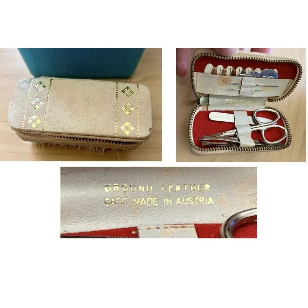 Vintage Made in Austria Leather Travel Sewing Grooming Kit Clothes Brush Cream